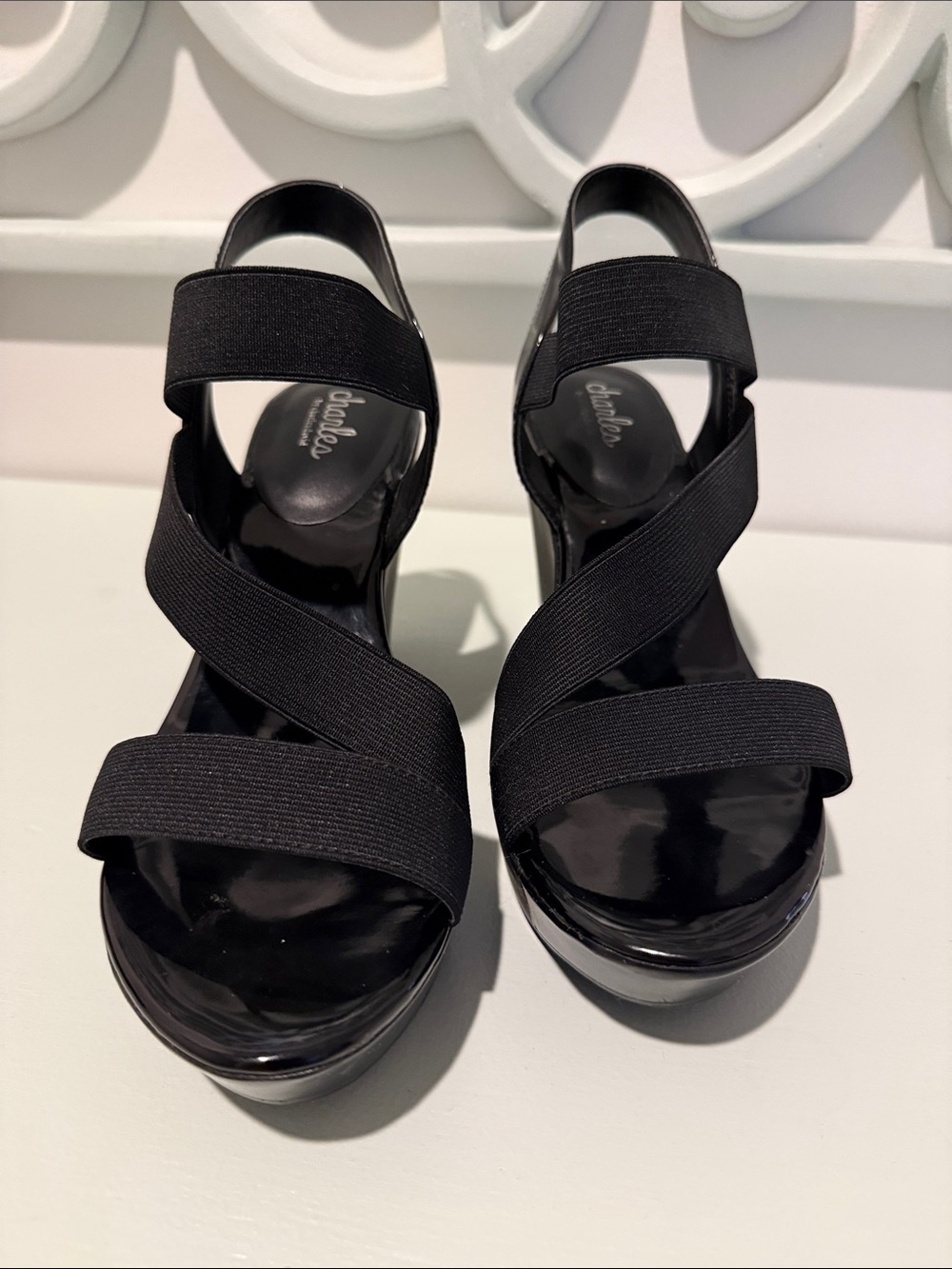 Charles by Charles David Black Elastic Patent Wedge